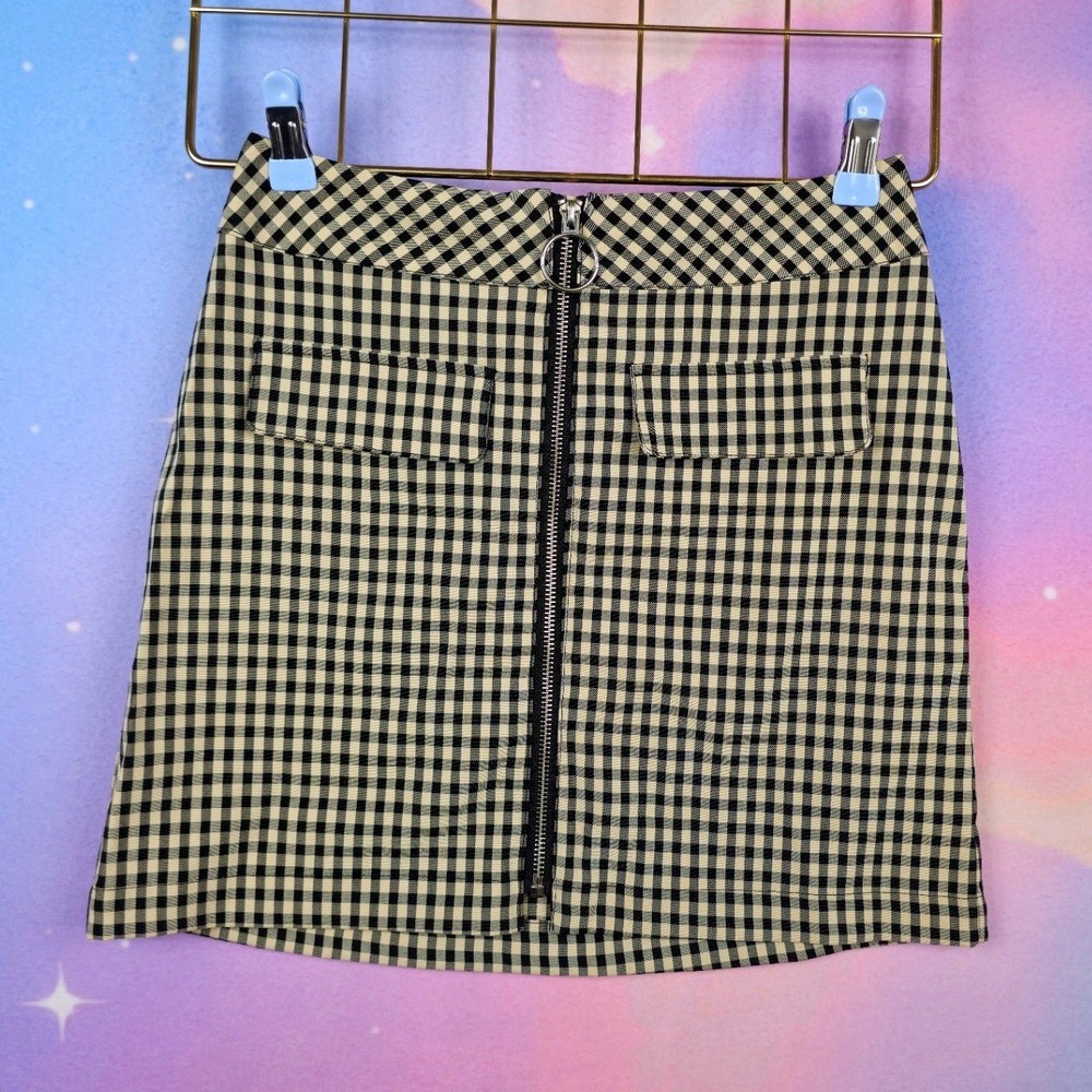 Urban‎ Outfitters Gingham Mini Skirt Womens S Black White Excellent O-Ring Zip